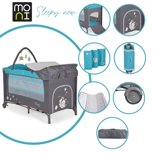 MONI Sleepy összecsukható luxus utazóágy 2 szint+pelenkázó+ játék türkiz