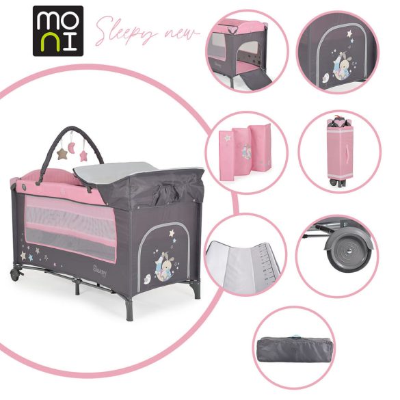 MONI Sleepy összecsukható luxus utazóágy 2 szint+pelenkázó+ játék pink