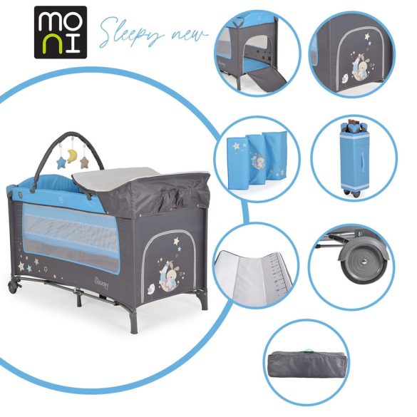 MONI Sleepy összecsukható luxus utazóágy 2 szint+pelenkázó+ játék kék