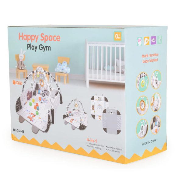 HAPPY SPACE Rabit játszószőnyeg NYUSZIS állatos, szögletes, 20 db labdával textil, műa.FEKETE