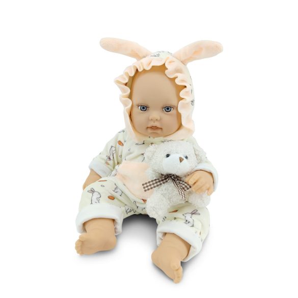 BABA 30cm  újszülött nyusziruhában kisnyuszival SZÜRKE