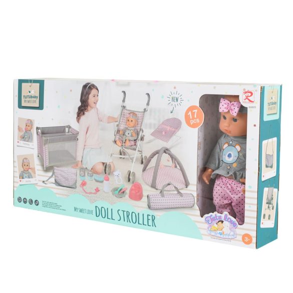 BABA játékszett 36 cmes LÁNY babával delux playset SZÜRKE