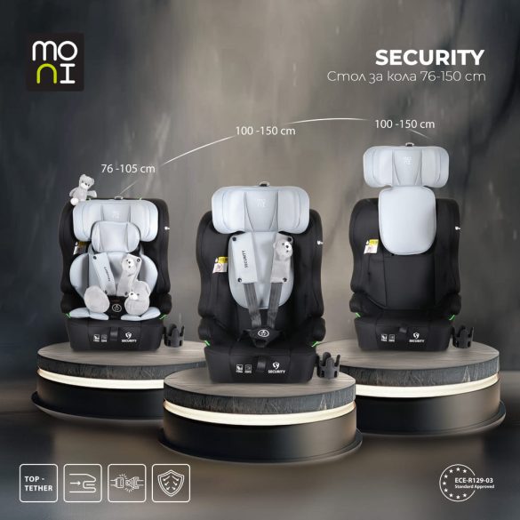 SECURITY autós ülés belső övvel, isofix, ajándék 2plüss+párna 76-150cm SZÜRKE