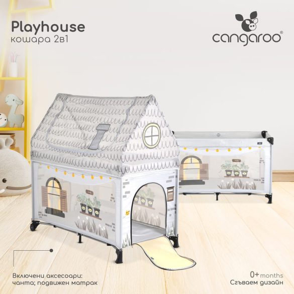 PLAYHOUSE összecsukható házikó utazóágy, tetővel, kibújóval SZÜRKE